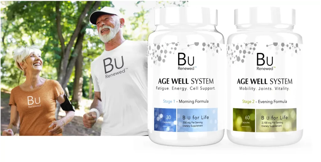 An older man and woman are jogging outdoors, both wearing clothing branded with "Bu Renewed." Overlaying the image are two bottles of Bu Renewed Age Well System supplements. The left bottle is labeled "Stage 1 - Morning Formula," and the right is "Stage 2 - Evening Formula.